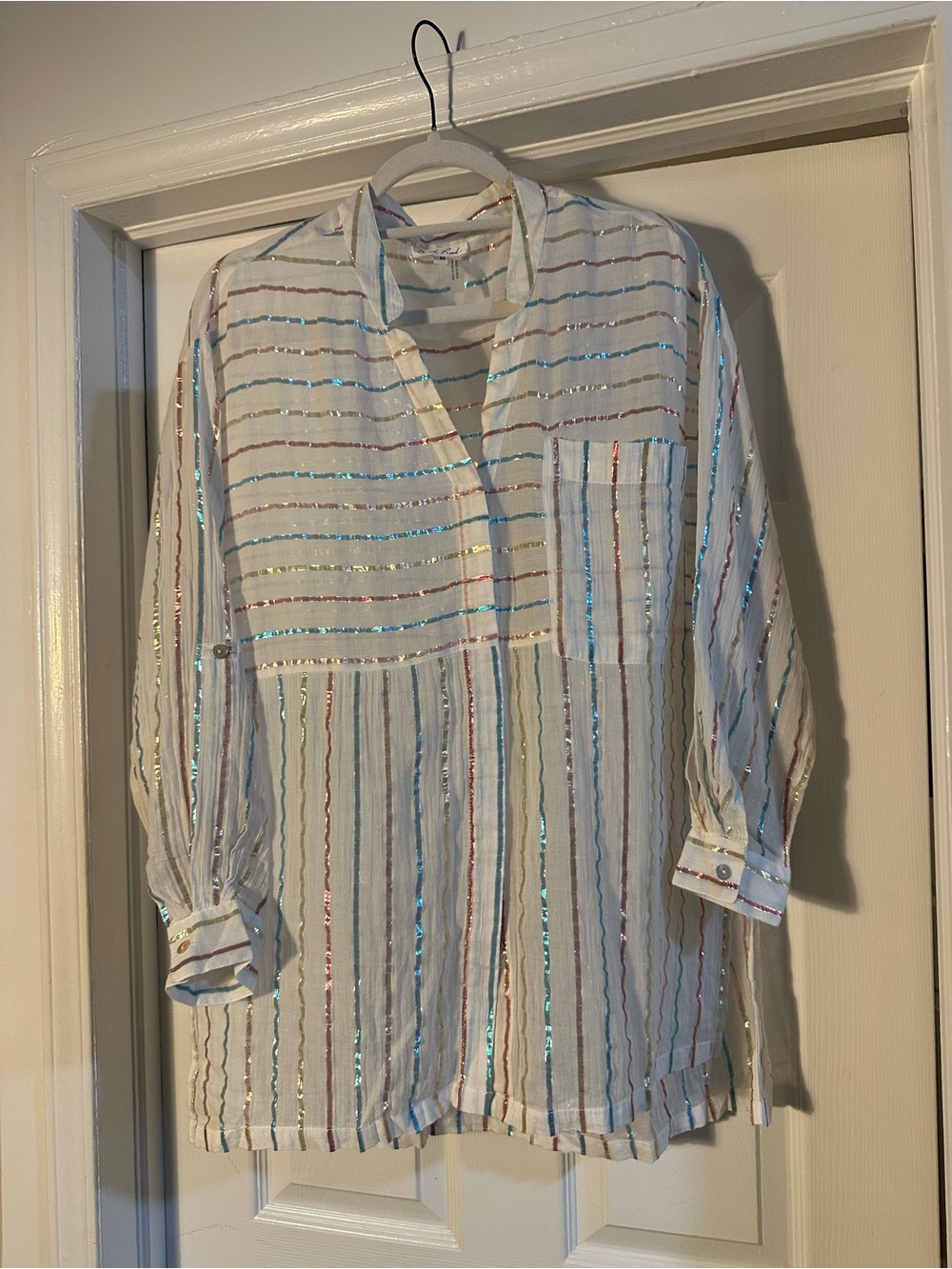 On The Road White Top with Shimmering Metallic Stripes